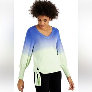 WILLOW DRIVE Blue and Green Ombre Dip Dye Lightweight Sweater Tie Detail Size S